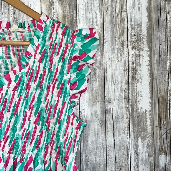 Jodifl Smocked Pink & Green Ruffle Sleeveless Blouse - Picture 3 of 5